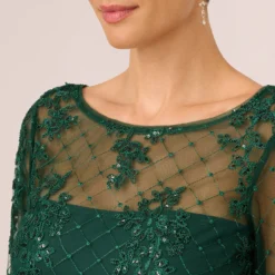 Adrianna Papell Embroidered Sequin Dress With Sheer Bell Sleeves In Deep Forest -Cheap Vesta Gleam Store AP1D105083 AH303 Regular Detail