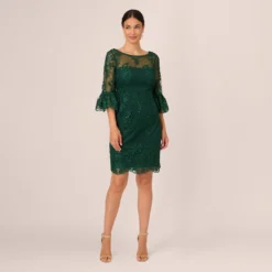Adrianna Papell Embroidered Sequin Dress With Sheer Bell Sleeves In Deep Forest -Cheap Vesta Gleam Store AP1D105083 AH303 Regular Front