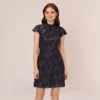 Adrianna Papell Velvet Burnout Floral Short Sleeve Dress With Mock Neck In Midnight