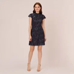 Adrianna Papell Velvet Burnout Floral Short Sleeve Dress With Mock Neck In Midnight -Cheap Vesta Gleam Store AP1D105087 AB411 Regular Front