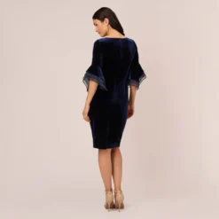 Adrianna Papell Velvet Sheath Dress With Tiered Three Quarter Sleeves In Midnight -Cheap Vesta Gleam Store AP1D105090 AB411 Regular Back