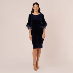 Adrianna Papell Velvet Sheath Dress With Tiered Three Quarter Sleeves In Midnight -Cheap Vesta Gleam Store AP1D105090 AB411 Regular Front