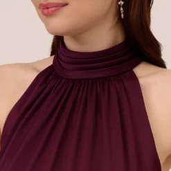 Adrianna Papell Satin Crepe Halter Midi Dress With Ruffled Hem In Bordeaux Glow -Cheap Vesta Gleam Store AP1D105092 AW504 Regular Detail