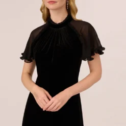 Adrianna Papell Mock Neck Velvet Dress With Sheer Short Sleeves In Black -Cheap Vesta Gleam Store AP1D105096 AA002 Regular Detail