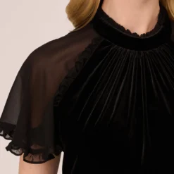 Adrianna Papell Mock Neck Velvet Dress With Sheer Short Sleeves In Black -Cheap Vesta Gleam Store AP1D105096 AA002 Regular Lifestyle