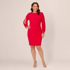 Adrianna Papell Plus Size Long Sleeve Draped Jersey Dress With Beaded Cuffs In Hot Ruby -Cheap Vesta Gleam Store AP1D105124 AU610 Plus Front