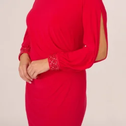 Adrianna Papell Plus Size Long Sleeve Draped Jersey Dress With Beaded Cuffs In Hot Ruby -Cheap Vesta Gleam Store AP1D105124 AU610 Plus Lifestyle