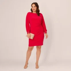 Adrianna Papell Plus Size Long Sleeve Draped Jersey Dress With Beaded Cuffs In Hot Ruby -Cheap Vesta Gleam Store AP1D105124 AU610 Plus Side