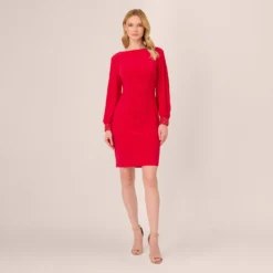 Adrianna Papell Long Sleeve Draped Jersey Dress With Beaded Cuffs In Hot Ruby -Cheap Vesta Gleam Store AP1D105124 AU610 Regular Front
