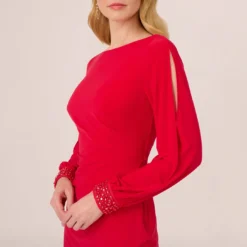 Adrianna Papell Long Sleeve Draped Jersey Dress With Beaded Cuffs In Hot Ruby -Cheap Vesta Gleam Store AP1D105124 AU610 Regular Lifestyle