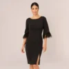 Adrianna Papell Metallic Knit Sheath Dress With Feather Trim Sleeves In Black