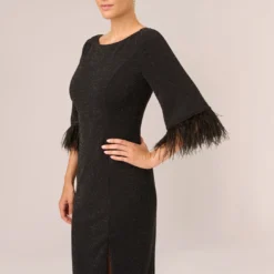 Adrianna Papell Metallic Knit Sheath Dress With Feather Trim Sleeves In Black -Cheap Vesta Gleam Store AP1D105126 AA002 Regular Detail