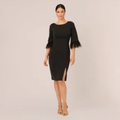 Adrianna Papell Metallic Knit Sheath Dress With Feather Trim Sleeves In Black -Cheap Vesta Gleam Store AP1D105126 AA002 Regular Front