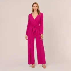 Adrianna Papell Long Sleeve Crepe Jumpsuit With Tie Front In Hot Orchid
