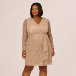 Adrianna Papell Plus Size Metallic Long Sleeve Dress With Draped Details In Light Gold
