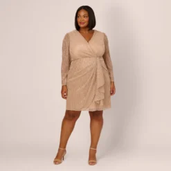 Adrianna Papell Plus Size Metallic Long Sleeve Dress With Draped Details In Light Gold -Cheap Vesta Gleam Store AP1D105147 AA267 Plus Front