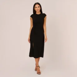 Adrianna Papell Jersey Midi Dress With Cap Sleeves In Black