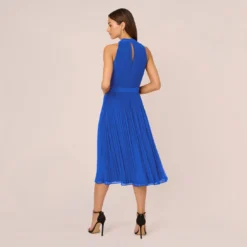 Adrianna Papell Pleated Sleeveless Chiffon Dress With Tie Waist In Dark Cobalt -Cheap Vesta Gleam Store AP1D105165 AT401 Regular Back scaled