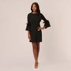 Adrianna Papell Crepe A-Line Dress With Feather-Trimmed Sleeves In Black -Cheap Vesta Gleam Store AP1D105175 AA002 Regular Front