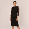 Adrianna Papell Roll Neck Lace Dress With Sheer Elbow Sleeves In Black