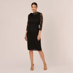 Adrianna Papell Roll Neck Lace Dress With Sheer Elbow Sleeves In Black -Cheap Vesta Gleam Store AP1D105195 AA002 Regular Front
