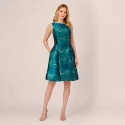Adrianna Papell Floral Jacquard Sleeveless Midi Dress With Cutout Back In Teal Multi -Cheap Vesta Gleam Store AP1D105203 AH090 Regular Front