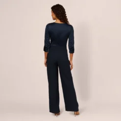 Adrianna Papell Satin Crepe Three Quarter Sleeve Jumpsuit With Buckle Waist In Dark Navy -Cheap Vesta Gleam Store AP1D105207 AV410 Regular Back