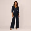 Adrianna Papell Satin Crepe Three Quarter Sleeve Jumpsuit With Buckle Waist In Dark Navy