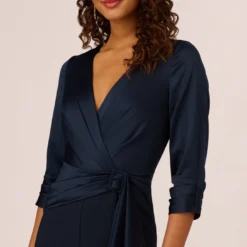 Adrianna Papell Satin Crepe Three Quarter Sleeve Jumpsuit With Buckle Waist In Dark Navy -Cheap Vesta Gleam Store AP1D105207 AV410 Regular Detail