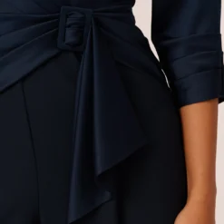 Adrianna Papell Satin Crepe Three Quarter Sleeve Jumpsuit With Buckle Waist In Dark Navy -Cheap Vesta Gleam Store AP1D105207 AV410 Regular Lifestyle