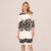 Adrianna Papell Scroll Lace Midi Dress With Three Quarter Sleeves In Ivory Black