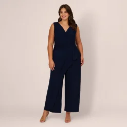 Adrianna Papell Plus Size Jersey Sleeveless Pintuck Jumpsuit With Wide Legs In Midnight