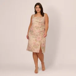 Adrianna Papell Plus Size Sleeveless Floral Matelasse Sheath Dress With Pleated Details In Rose Multi