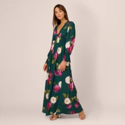 Adrianna Papell Floral Smock Maxi Dress With Long Sleeves In Green Multi