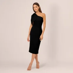 Adrianna Papell One Shoulder Midi Dress With Bow Accent In Black