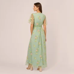 Adrianna Papell Floral Embroidered Maxi Dress With Sheer Flutter Sleeves In Sage Multi -Cheap Vesta Gleam Store AP1D105325 AA359 Regular Back