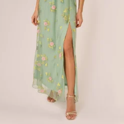 Adrianna Papell Floral Embroidered Maxi Dress With Sheer Flutter Sleeves In Sage Multi -Cheap Vesta Gleam Store AP1D105325 AA359 Regular Lifestyle