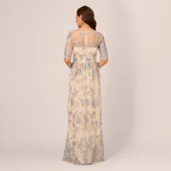 Adrianna Papell Short Sleeve Floral Embroidered Dress With Sheer Neckline In Thundercloud Gold -Cheap Vesta Gleam Store AP1E200779 BK980 Regular Back