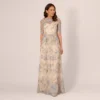 Adrianna Papell Short Sleeve Floral Embroidered Dress With Sheer Neckline In Thundercloud Gold