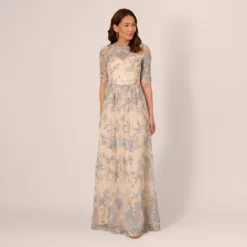 Adrianna Papell Short Sleeve Floral Embroidered Dress With Sheer Neckline In Thundercloud Gold