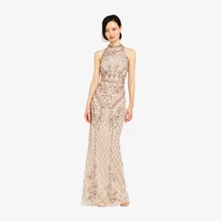 Adrianna Papell Mock Neck Beaded Column Dress With T-Back In Biscotti -Cheap Vesta Gleam Store AP1E201469 AG273 Regular Alternate