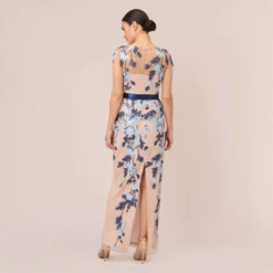 Adrianna Papell Short Sleeve Floral Embroidered Gown With Ribbon Tie Waist In Midnight Multi Nude -Cheap Vesta Gleam Store AP1E201621 BV980 Regular Back