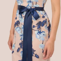 Adrianna Papell Short Sleeve Floral Embroidered Gown With Ribbon Tie Waist In Midnight Multi Nude -Cheap Vesta Gleam Store AP1E201621 BV980 Regular Detail