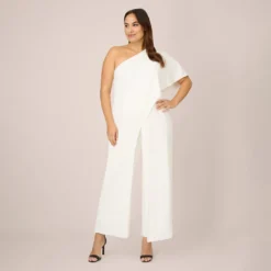 Adrianna Papell Plus Size Flutter One Shoulder Jumpsuit In Ivory