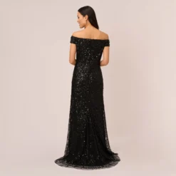 Adrianna Papell Off The Shoulder Sequin Beaded Gown In Black -Cheap Vesta Gleam Store AP1E201971 AA002 Regular Back