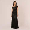 Adrianna Papell Off The Shoulder Sequin Beaded Gown In Black