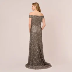 Adrianna Papell Off The Shoulder Sequin Beaded Gown In Lead -Cheap Vesta Gleam Store AP1E201971 AB241 Regular Back