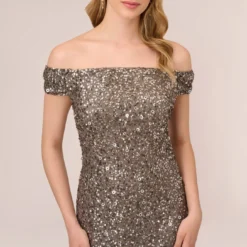 Adrianna Papell Off The Shoulder Sequin Beaded Gown In Lead -Cheap Vesta Gleam Store AP1E201971 AB241 Regular Detail