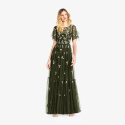 Adrianna Papell Floral Sequin Boho Gown With Lace Up Flutter Short Sleeves In Olive -Cheap Vesta Gleam Store AP1E202943 AA371 Regular Alternate