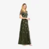 Adrianna Papell Floral Sequin Boho Gown With Lace Up Flutter Short Sleeves In Olive